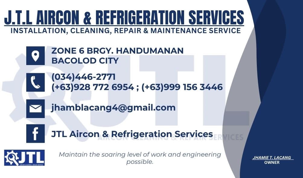 JTL Aircon & Refrigeration Services business card with contact details