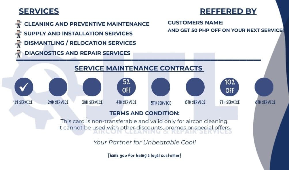 JTL Aircon service maintenance loyalty card with discounts up to 10% off