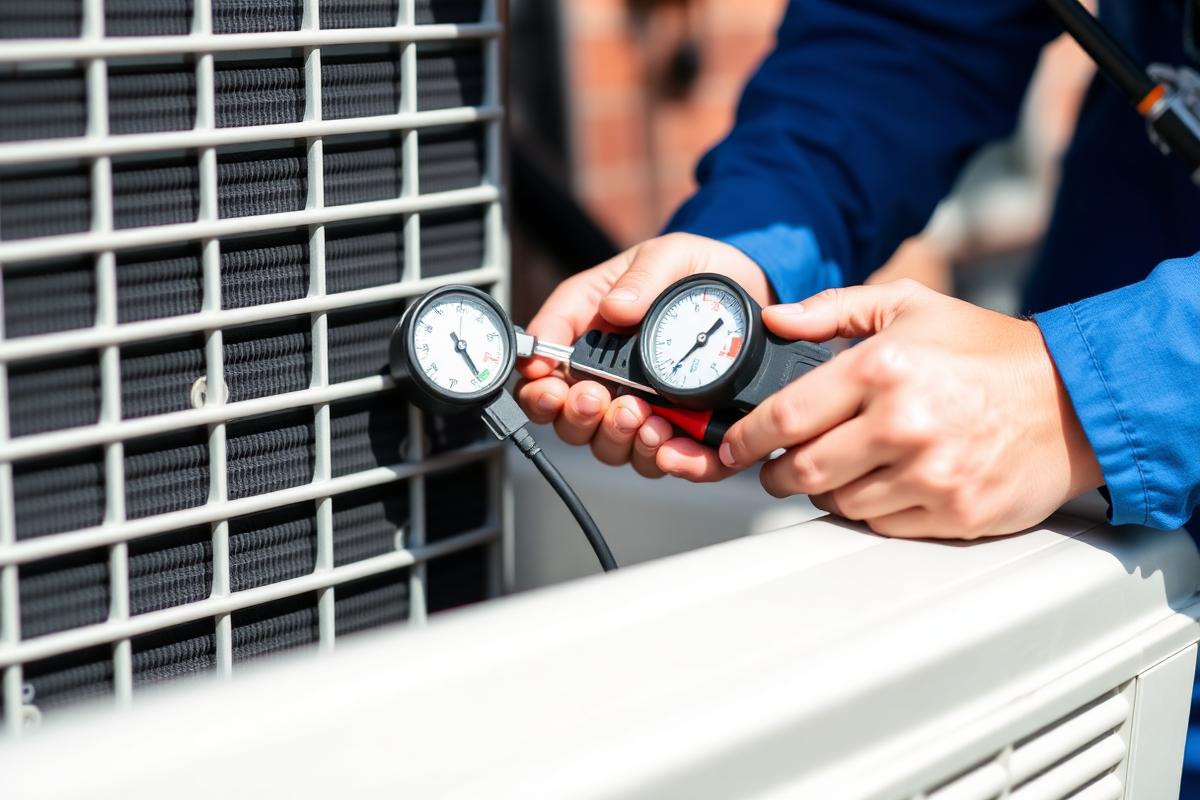 Technician servicing condenser